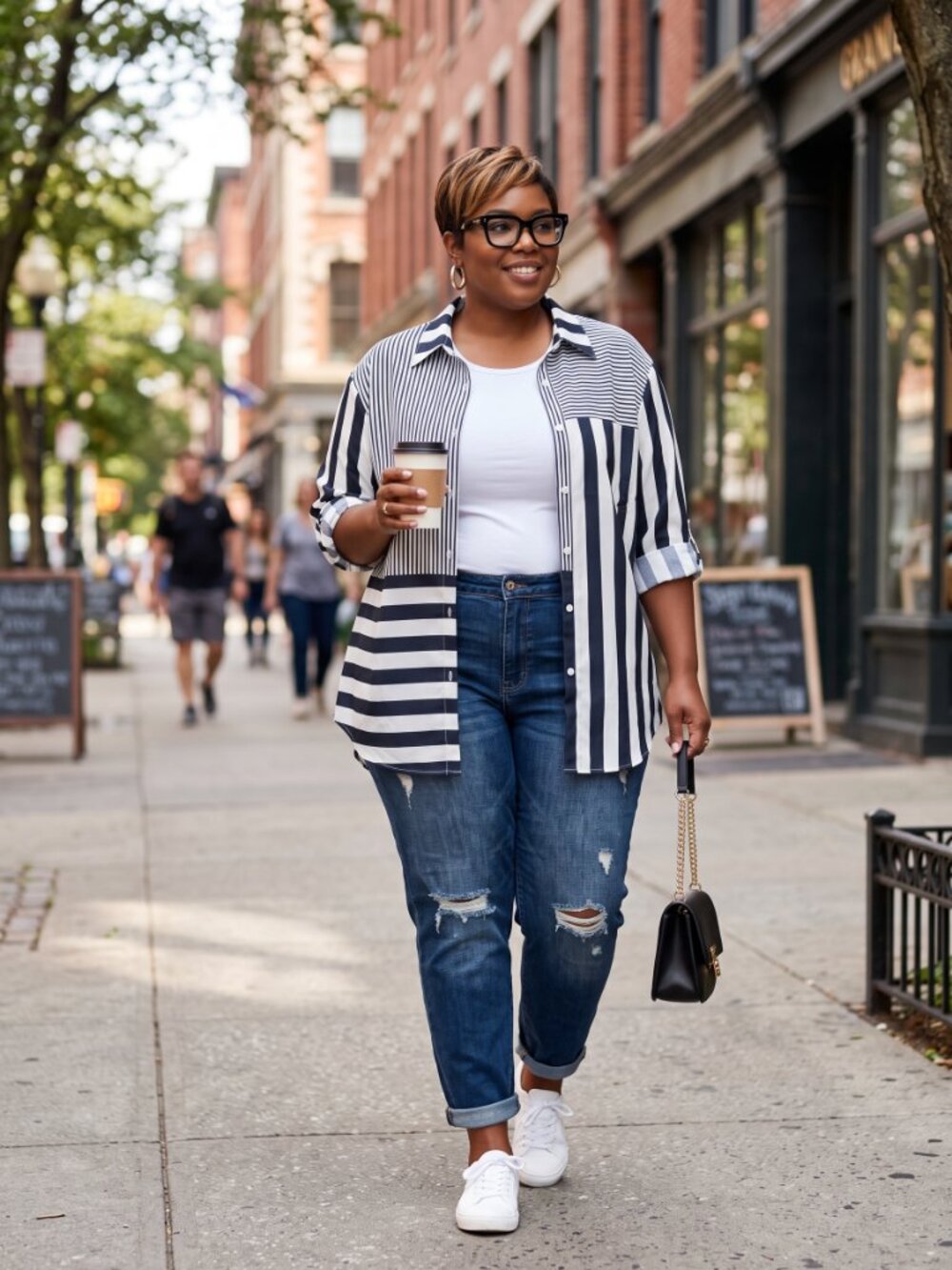 NWT Black White Stripe Patchwork Button Front Blouse Size 2X